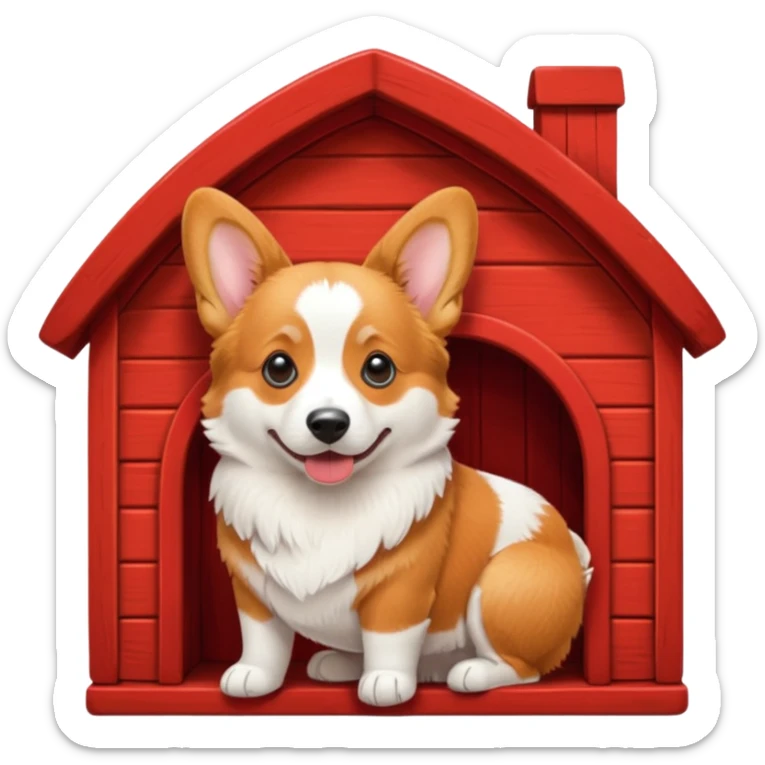 a corgi dog resembling the real Apple emoji dog inside a red dog house sticker