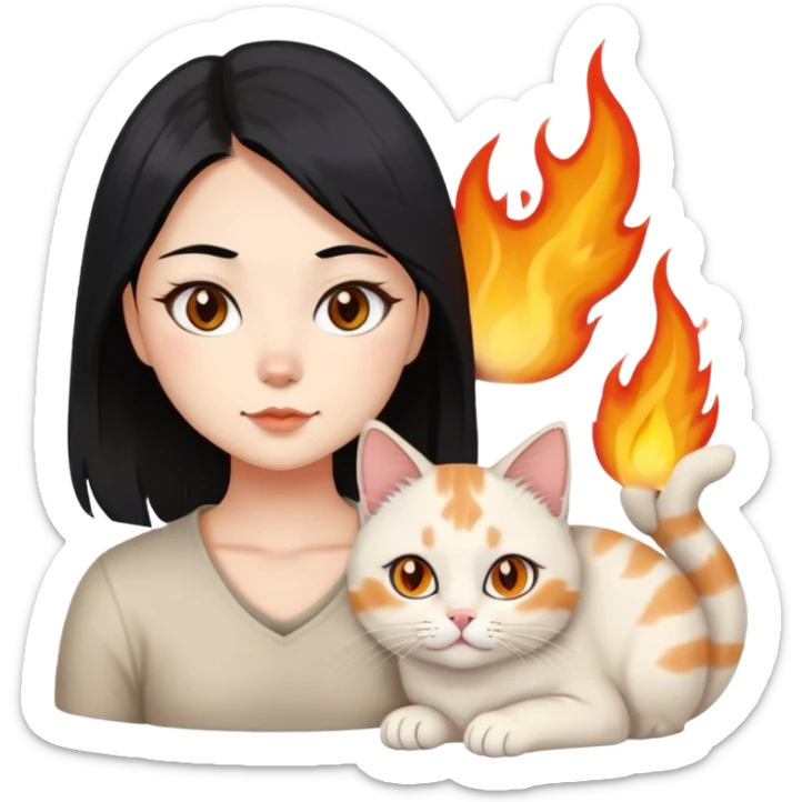 asian black hair girl with brown eyes and a mole on the right chin with flame point ragdoll cat and An American shorthair cat sticker