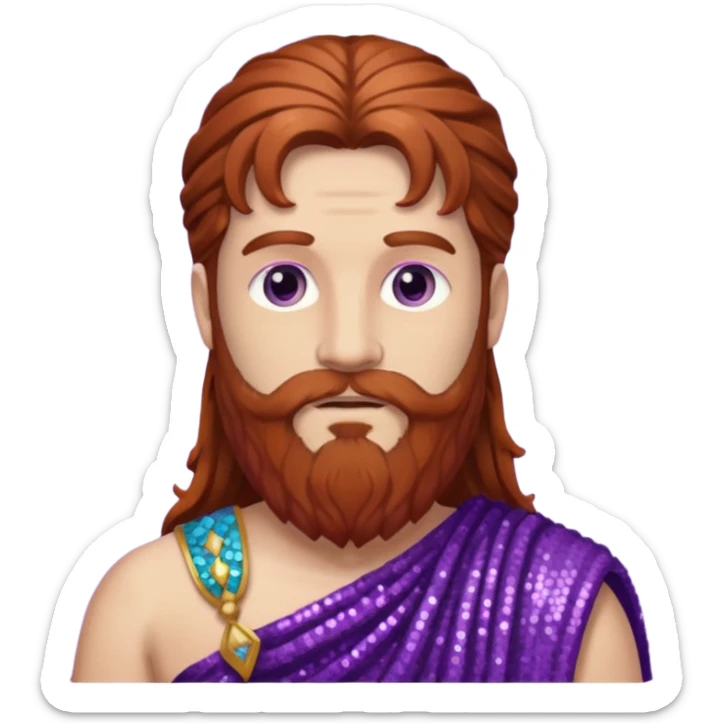 Liber from Roman Deities with long auburn hair and beard, purple sequin toga sticker
