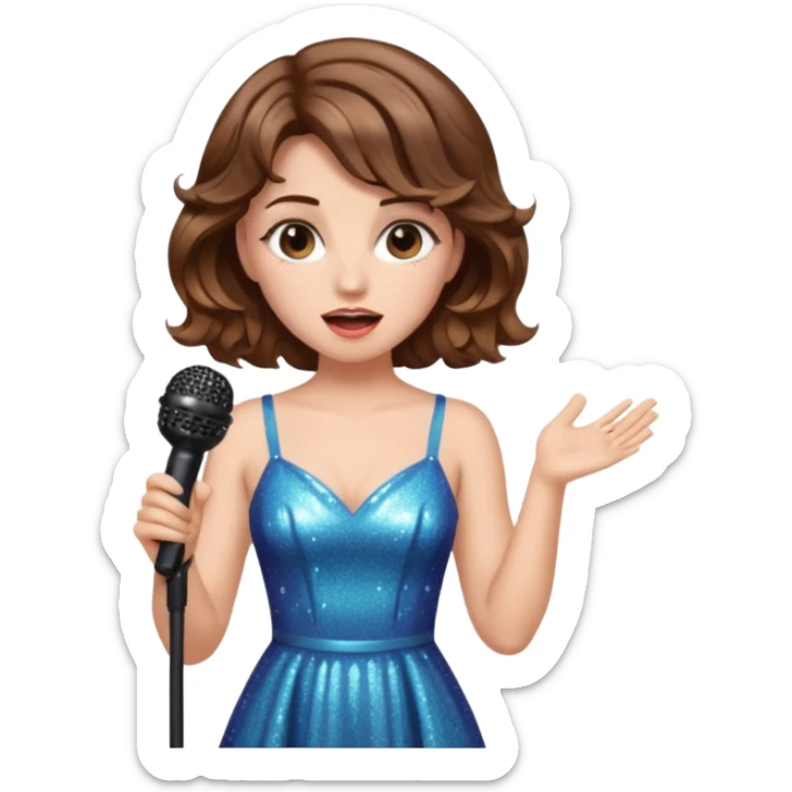 A short wavy female singer in sparkling dress holding a mic with emotional expression sticker