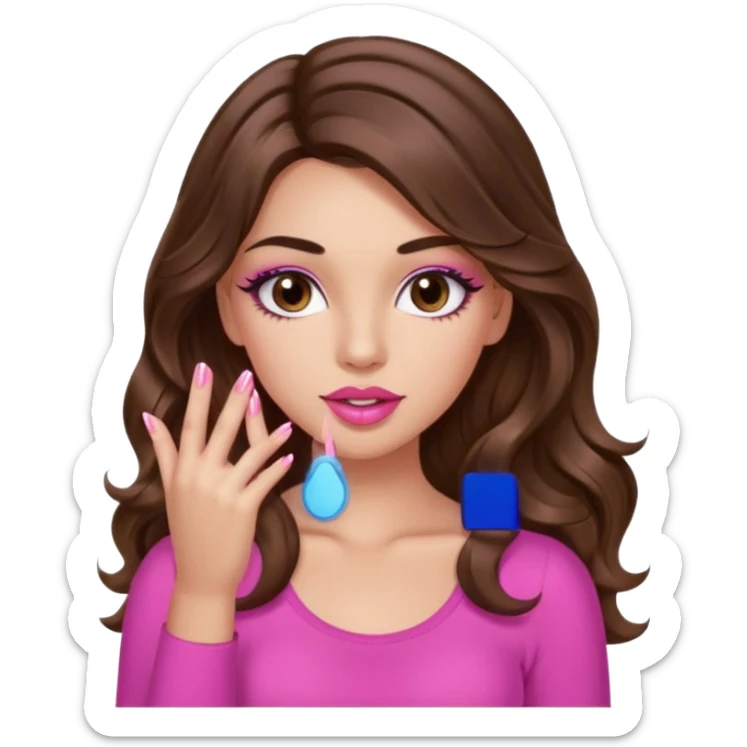 girl with long wavy brown hair, brown eyes, light to medium complexion, in a pink sexy top, pink lips, long lashes, puckered lips, showing my manicure one hand 5 fingers sticker