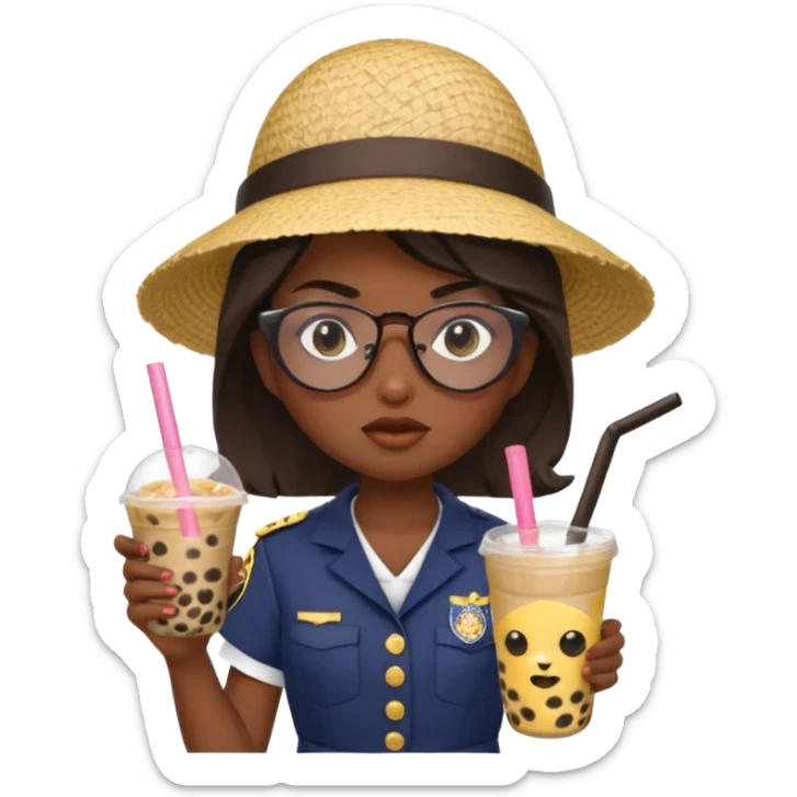 A Angry Teen Female with Dark skin and Bald, oval face, wearing a Uniform outfit, a Sunhat, Sunglasses, carrying a Enchanted staff, working as a teacher, while drinking Bubble tea and reading a Comic.
 sticker