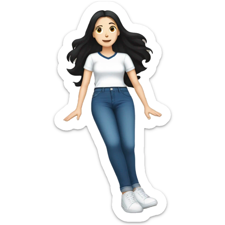 white woman with black hair, dark blue shirt and jeans, white sneakers, lying on the floor sticker