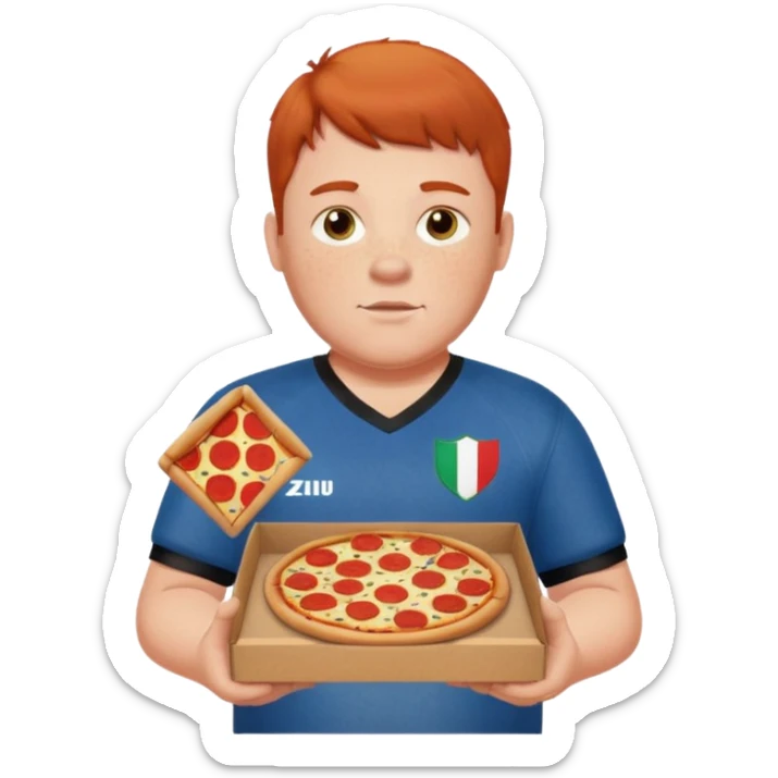 chubby light-freckled red-headed man with faded haircut and styled bangs, wearing black baggy jeans and 2024 Italian home court soccer jersey, holding a pizza box sticker
