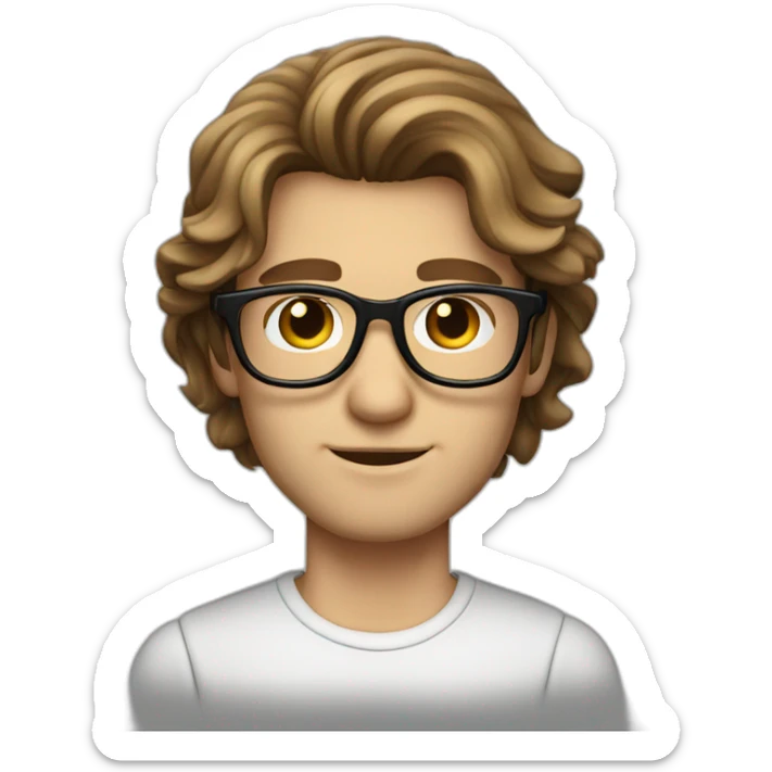 male caucausian designer with long brown hair and black rimmed glasses sticker