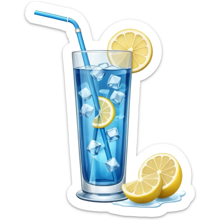 A tall glass of blue lagoon with lemon slices, ice cubes, and a curved straw.
 sticker