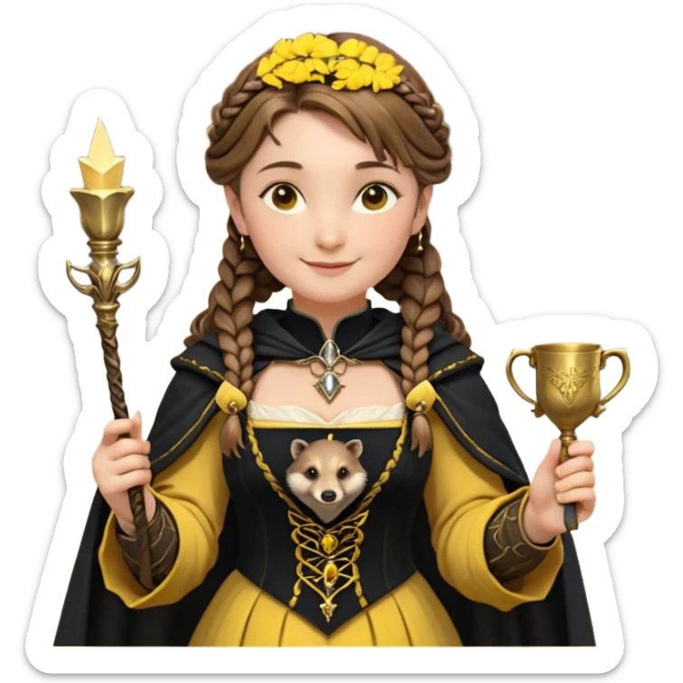 Helga Hufflepuff,the Hogwarts founder of Hufflepuff,brown-haired,2braids,yellow-black medieval dress with black cloak decorated with gold braiding,flickering magic wand and tiny two-handled shiny gold cup engraved with the badger silhouette,very kind smile,curvy busty sweet sticker
