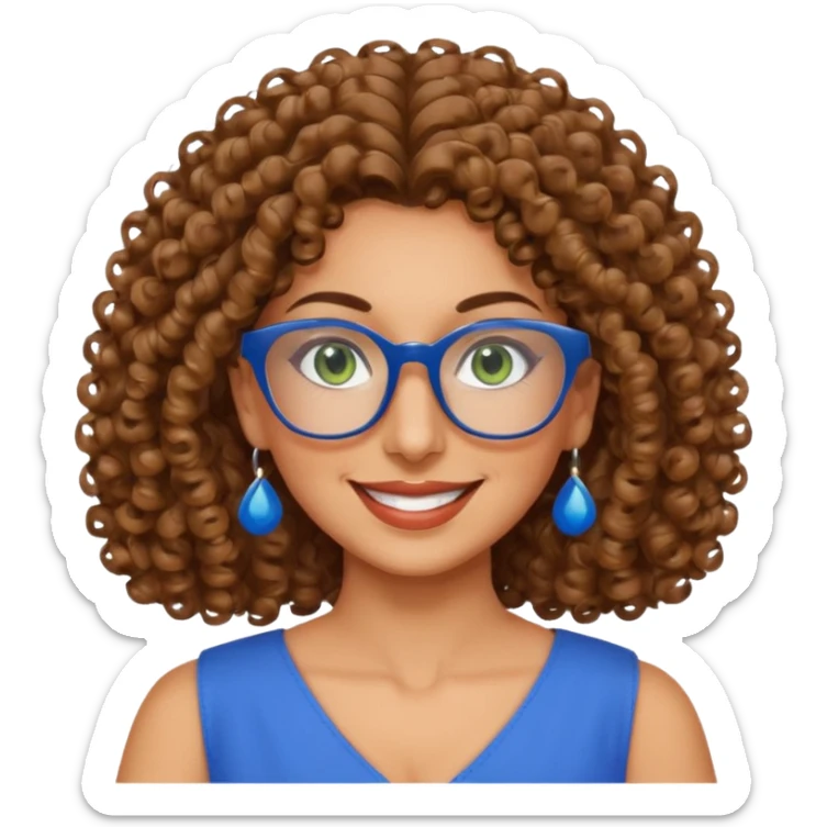 40 yr old Iranian woman, light brown very curly thick hair, shoulder length hair, green eyes, tan skin, big smile, big glasses, with pretty blue dress sticker