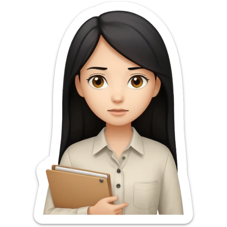 a light tan woman with long black hair past mid-back, round brown eyes, white button up v shirt, and manila folder in her hands. sticker