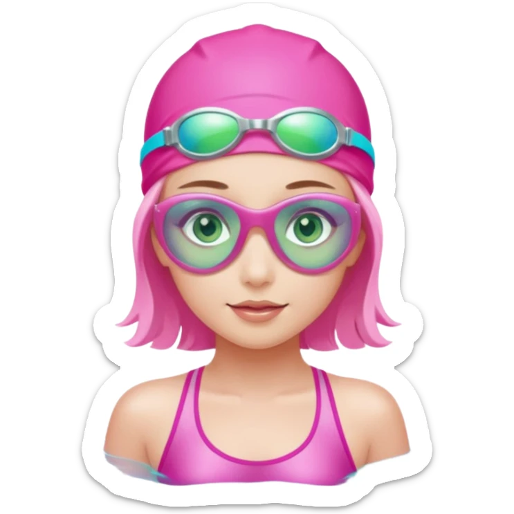 pretty girl with green eyes pink swim cap holographic swimming glasses and cute profesional swimmer pink swimsuit without her hair visible swimming sticker