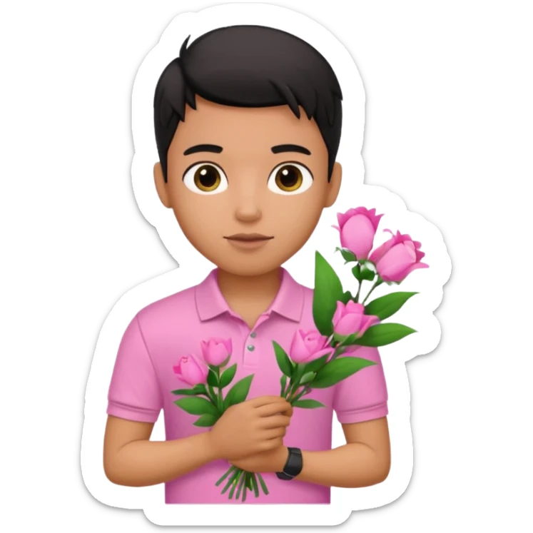 generate a pretty bratz boy wearing a pink polo shirt. Black middle part hair. handsome carrying flowers sticker