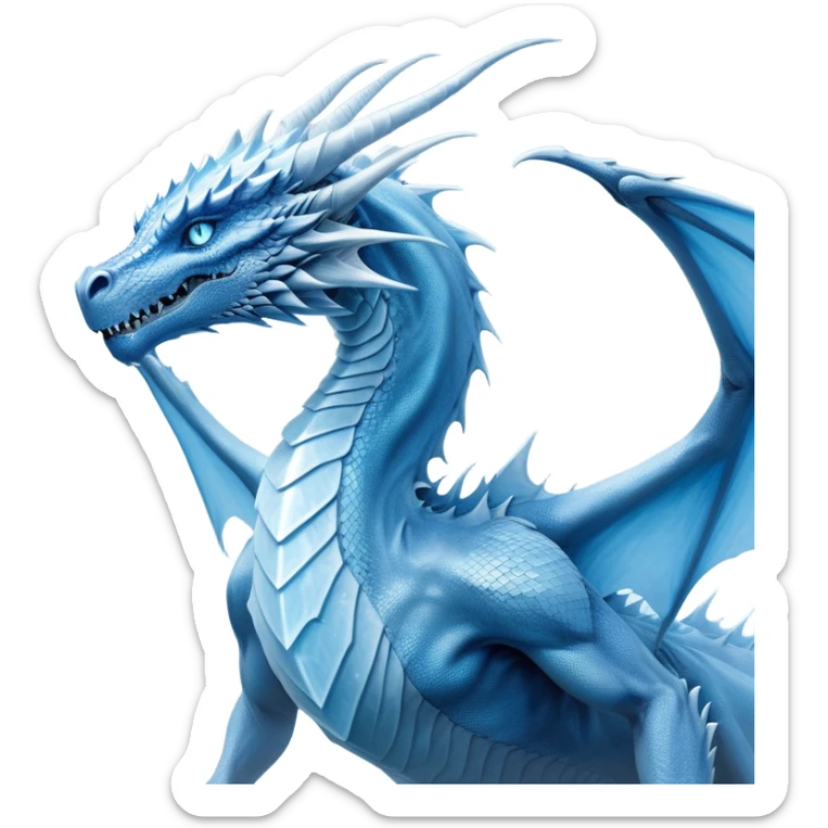 Cinematic Noble wise elegant Ice Dragon Portrait Emoji, Poised and imposing, distinct long elegant snout, with a slender, scaled body shimmering in glacial hues of icy blue, frostbitten silver, and crystalline white, breathing out frost, with piercing, glowing ice blue white eyes that radiate the chilling depths of an arctic storm; rendered in detail. Breathing out a frost mist sticker