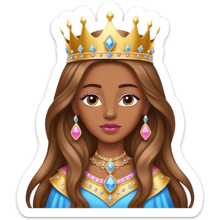 Queen, brown long hair, golden crown encrusted with pink and blue diamonds sticker
