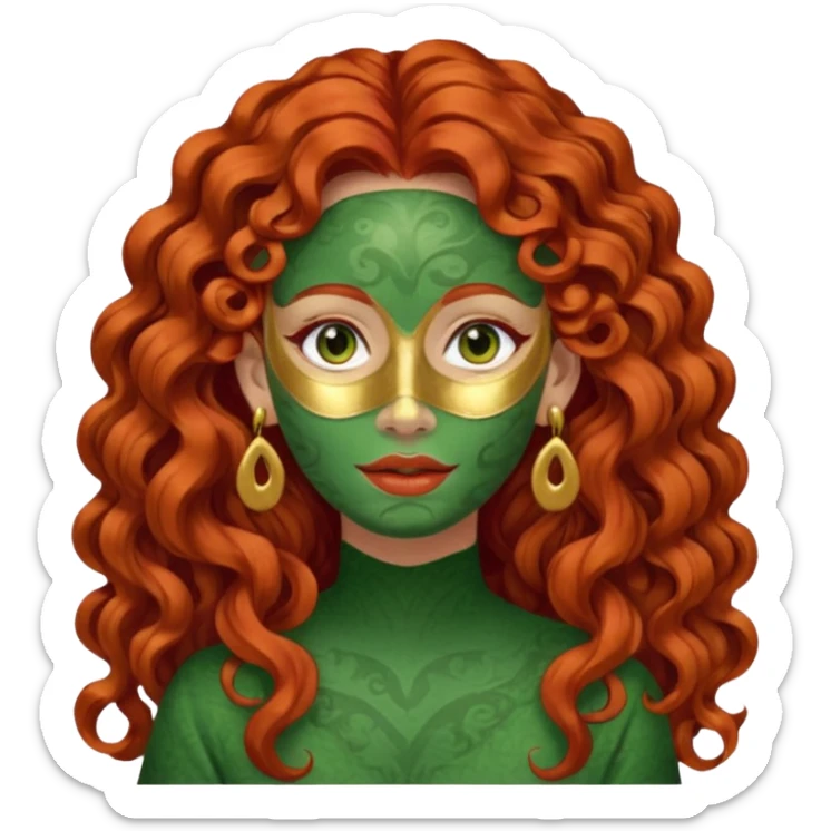 red haired very long curly haired woman with full face green clay mask  and big earrings  sticker