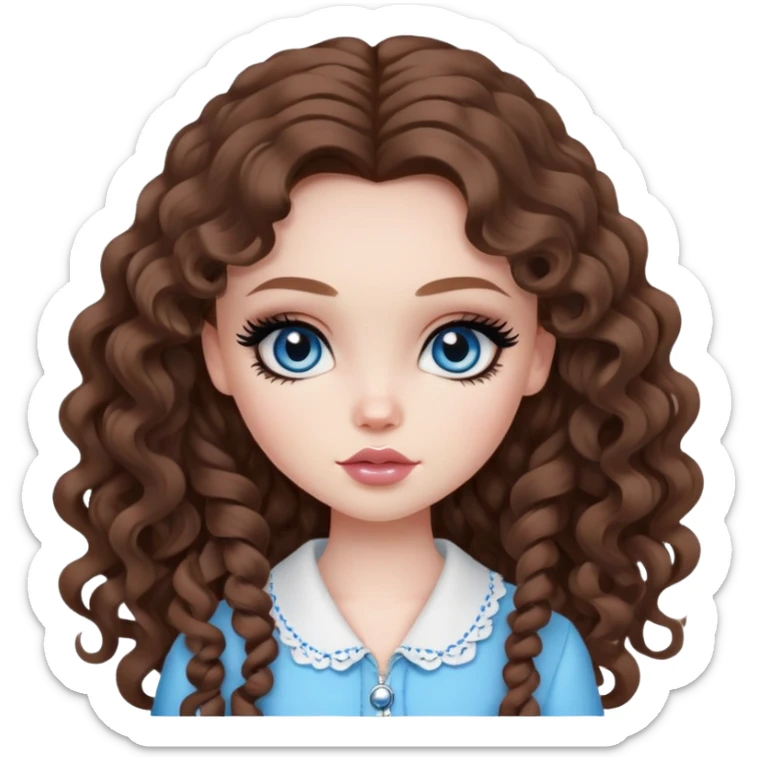 pretty bratz girl, long curls brown hair, blue eyes, black eyeliner, pale skin, girly style sticker