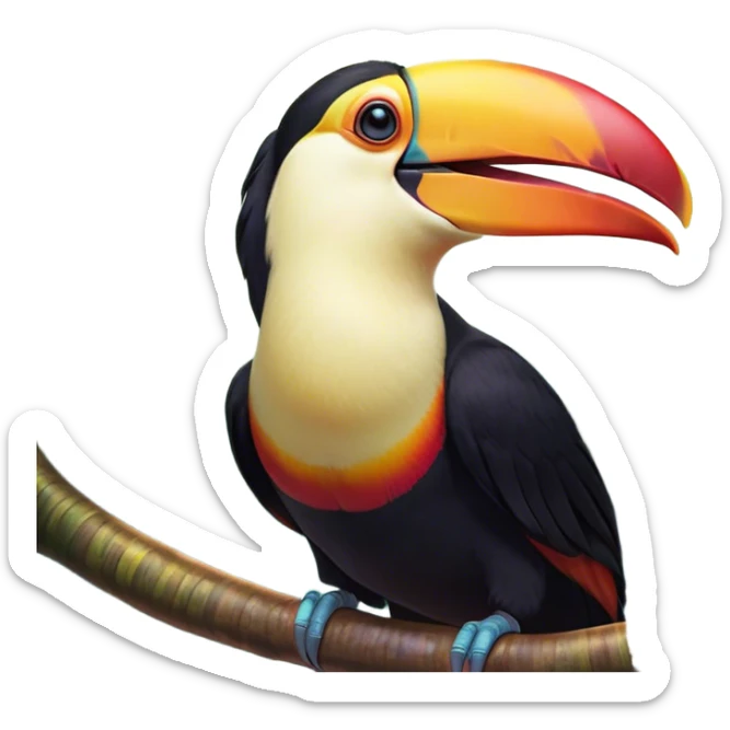 Cinematic Cute Yawning Toucan Portrait Emoji, Head tilted slightly with a dramatic, wide-open yawn, showcasing a colorful, expressive beak and sleepy, half-closed eyes with a relaxed demeanor, Simplified yet irresistibly adorable features, highly detailed, glowing with a soft, cozy tropical glow, high shine, relaxed yet expressive, stylized with a dash of whimsical charm, soft glowing outline, capturing the essence of a drowsy yet affectionate toucan that appears ready to stretch out for a nap! sticker