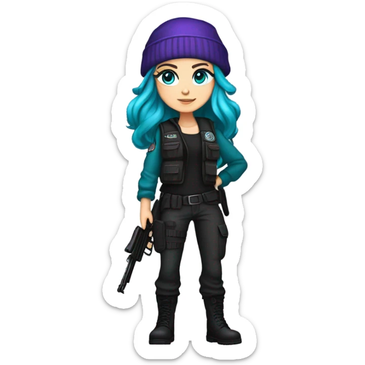 white girl, tactical vest, dark pants, teal hair, blue eyes, purple beanie hat, gun, black combat boots sticker