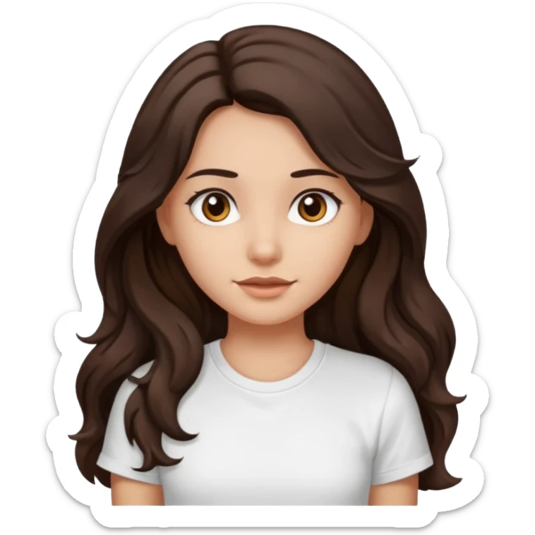 iOS style emoji. A girl with very long dark brown wavy hair. And the eyes color is dark brown. And she is wearing white t shirt  sticker