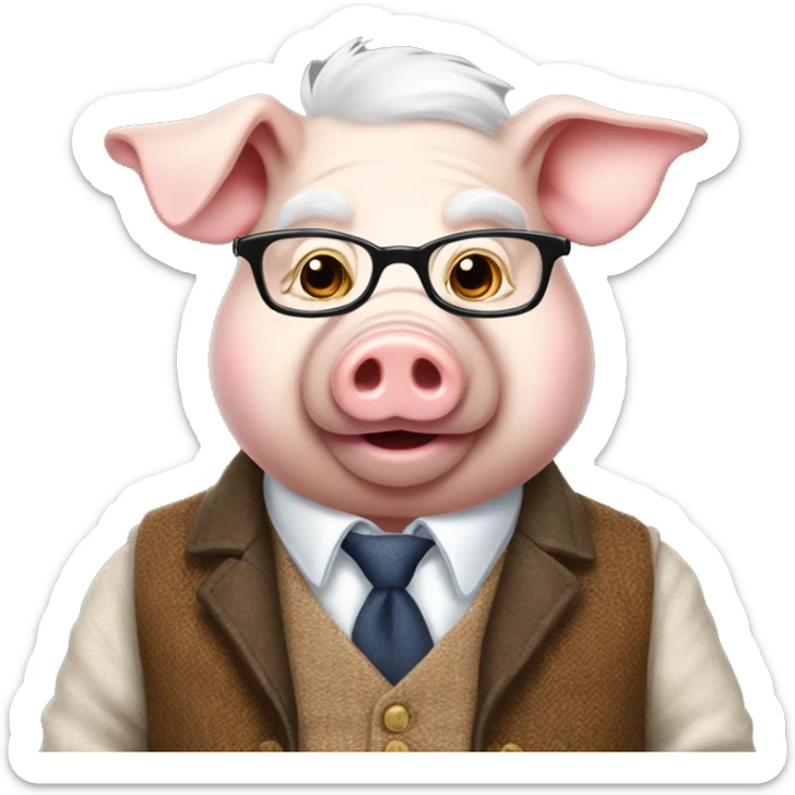 Elderly pig dressed in white shirt, vest and tweed jacket wearing glasses sticker