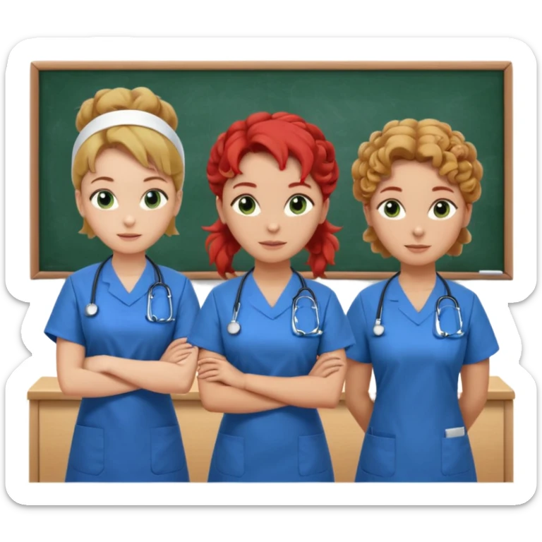 3 nurses: nurse 1 is wearing green work clothes, curly hair, middle european. nurse 2 is wearing blue work clothes, blond straight hair, scandinavic, nurse 3 is wearing white work clothes, red hair put into a bun, slavic. they all stand in a classroom, "Academy" written in white on board sticker