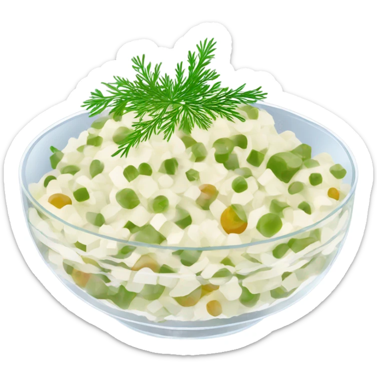 russian salad olivier on a crystal bowl, dill on top of a dish, view from the side  sticker