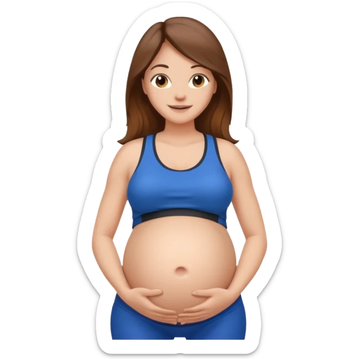 "Pregnant woman with visible belly skin, wearing sportswear, with long brown hair and fair skin."
 sticker