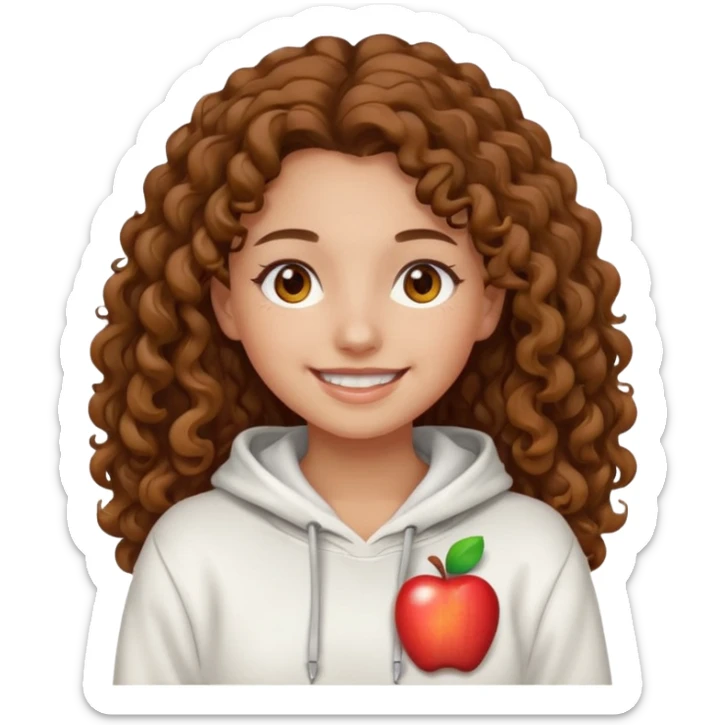 Una ragazza con una felpa semplice bianca,ha gli occhi marroni,i capelli marroni  , c’è gli ha lunghi e ricci  e ha le ciglia lo stile dell immagine deve essere  stile emoji apple sticker