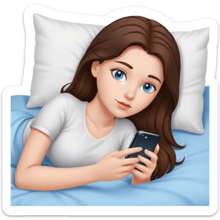 White girl brunett blue eyes, laying In bed on her stomach using her phone sticker