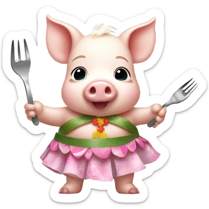 Baby pig wearing a hula skirt holding a fork add a coconut bra and a lay around its neck sticker