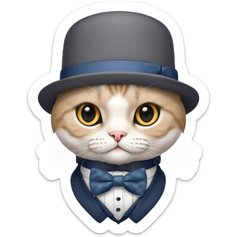 Cinsi scottish fold olan rengi Gri beyaz olan şapka ve papyon takan kedi sticker