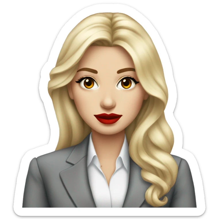 Russian Blonde long hair with big red lips small nose and black eyes Tiffany diamond seller in a grey suit sticker