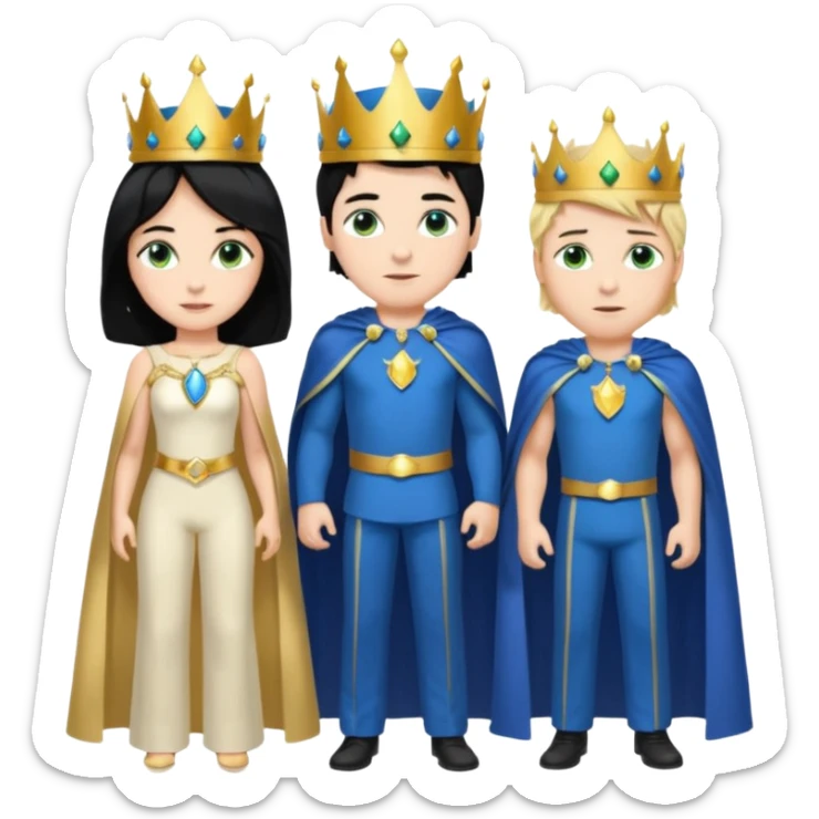 Prince with crown, blue cape and trousers, body and legs, black hair, blue eyes, woman blonde hair, green eyes, sexy white short sleveless dress,  sticker