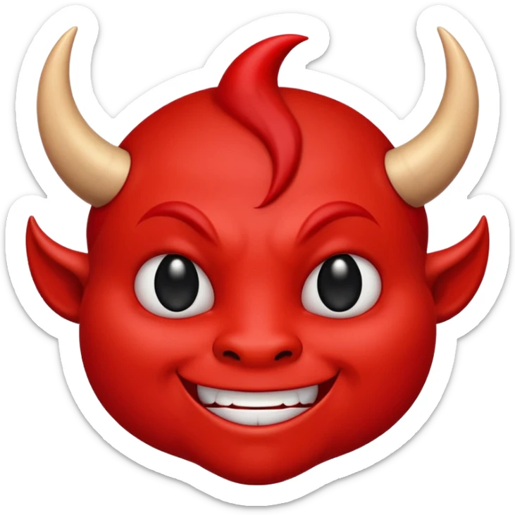 CARTOON STYLE EMOJI of a RED DEVIL FACE with small HORNS pointing up, BLACK EYES, and a MISCHIEVOUS SMILE. The entire face is RED with a smooth glossy texture. BACKGROUND is PURE WHITE, clean and simple. sticker