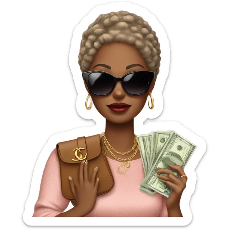 African american diva with gucci sunglasses on  holding a Louis Vuitton bag with money sticker