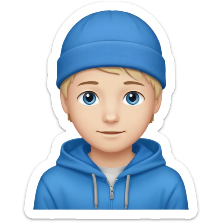handsome and young teen pinterest boy good at fashion. popular among 'that brat girl', wearing hoodieand beanie with blue eye  and little smile sticker