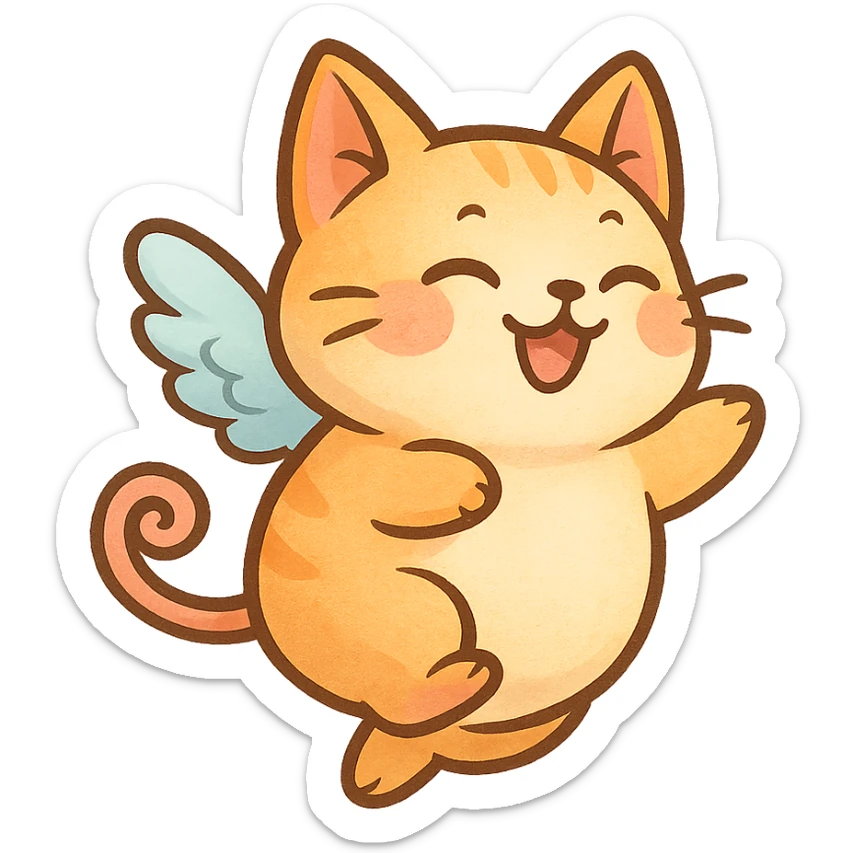 a plump cat with pig tail and wings, soaring, joyful, fantasy style, cute cartoon sticker