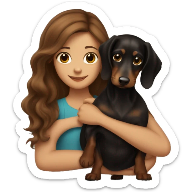 Brown long wavy hair girl cuddling a small honey black dachshund sticker
