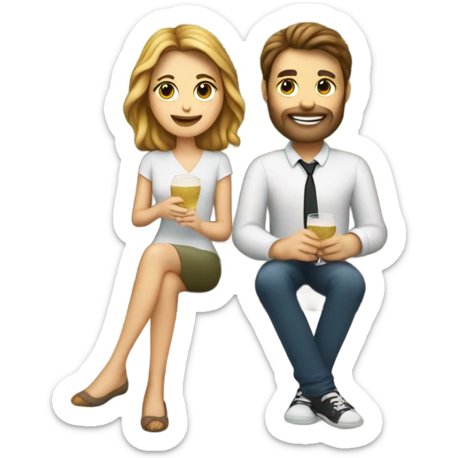 couple with white skin people and brown hair, sitting closely on a park bench, enjoying a romantic moment. One person is holding a croissant, and the other is holding a glass of Prosecco.  sticker