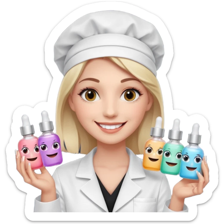 A smiling beautician with cold fake smile, calculating eyes, pointing at your cheek while holding 5 expensive serum bottle. predatory vibe.A face with a fake sweet smile, but the face is slowly consumed by shadows creeping from below. calculating eyes are visible in the dark sticker