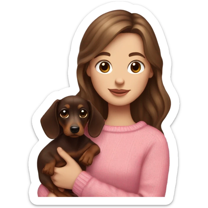 Brunette white girl with long wavy hair in a pink sweater holds a dark brown and cream dachshund long-haired puppy in her arms sticker