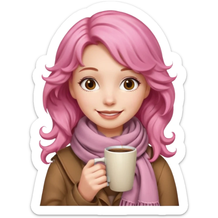 a girl with pink wavy hair, having scarf,  drink coffee, enjoy sticker