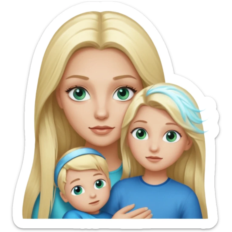blonde baddie with blue-green eyes, Long lashes, long hair, Hold little Boy with light blue eyes sticker