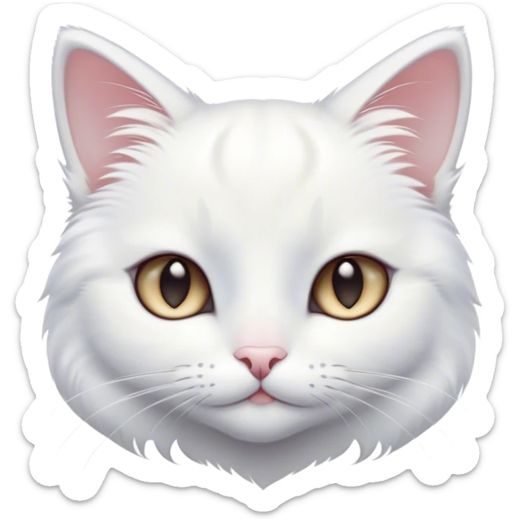 Cinematic Cute White Cat Portrait Emoji, Head tilted with a soft, gentle smile and sparkling eyes, featuring a silky, pristine white fur with subtle silver highlights, simplified yet irresistibly adorable, highly detailed, glowing with a warm, snowy glow, high shine, radiating affectionate charm and tender grace, styled with a light, playful outline, capturing the essence of a cute white cat that looks as if it could melt your heart with a single blink! sticker
