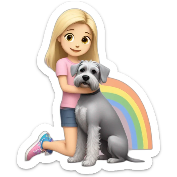 A seven-year-old girl with blonde hair in a light pink T-shirt and rainbow leggings hugs a gray Schnauzer dog sticker