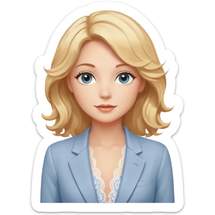 Telegram-style sticker pack of a gentle woman with fair skin, wavy honey-blonde hair, and calm gray-blue eyes. She wears blush lace lingerie and a white blazer, radiating warmth and confidence. Stickers are lively, bright, and expressive, with a soft romantic tone. sticker