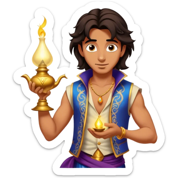 Cinematic Realistic Aladdin Portrait, depicted with lifelike, warm skin textures and a confident yet approachable gaze. His dark, wind-tousled hair frames expressive eyes full of adventure and kindness. Dressed in his iconic vest and loose trousers with intricate detailing, he holds a subtle glimmer of a magic lamp, all rendered under soft natural lighting with a radiant glow that captures his resourceful spirit. sticker