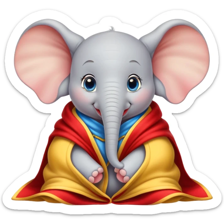 baby white dumbo elephant (disney-style), cozy in a red and yellow blanket sticker