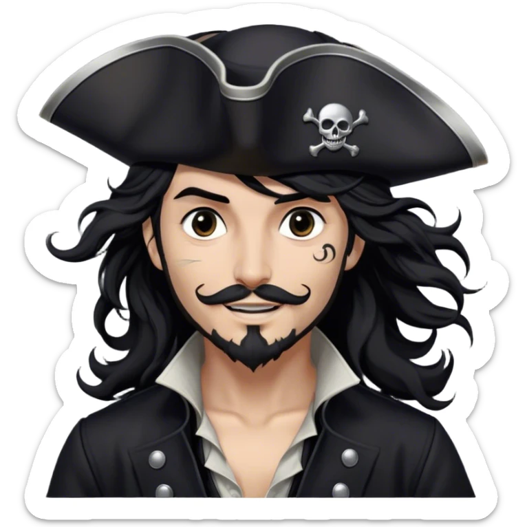 A charismatic pirate with wavy black hair tousled by the breeze. His silver-embroidered tricorn hat casts a shadow. Dark eyes glint with mischief as he looks to the side, a knowing smile on his lips. His black coat, adorned with silver buttons, shifts with the wind sticker