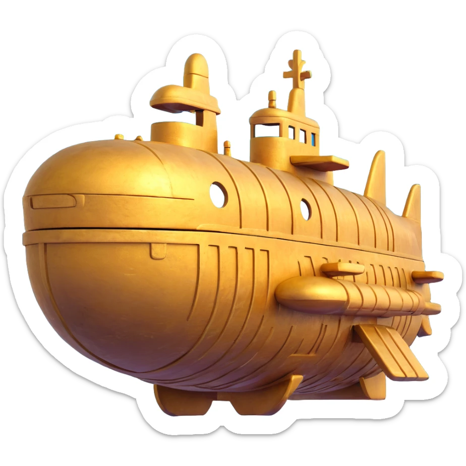 ancient golden submarine with Anunnaki motifs, ziggurat architecture integrated, underwater, weathered look sticker