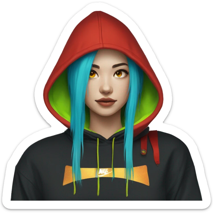 Lady with brunette and iridescent blue hair, gold, lime green dragon wings, black hoodie, bleach dyed, black and gold Nike t shirt, and bright red eyes sticker